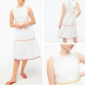 J. Crew White Tiered Ruffle Sleeve Midi Dress with Rickrack Colorful Trim
